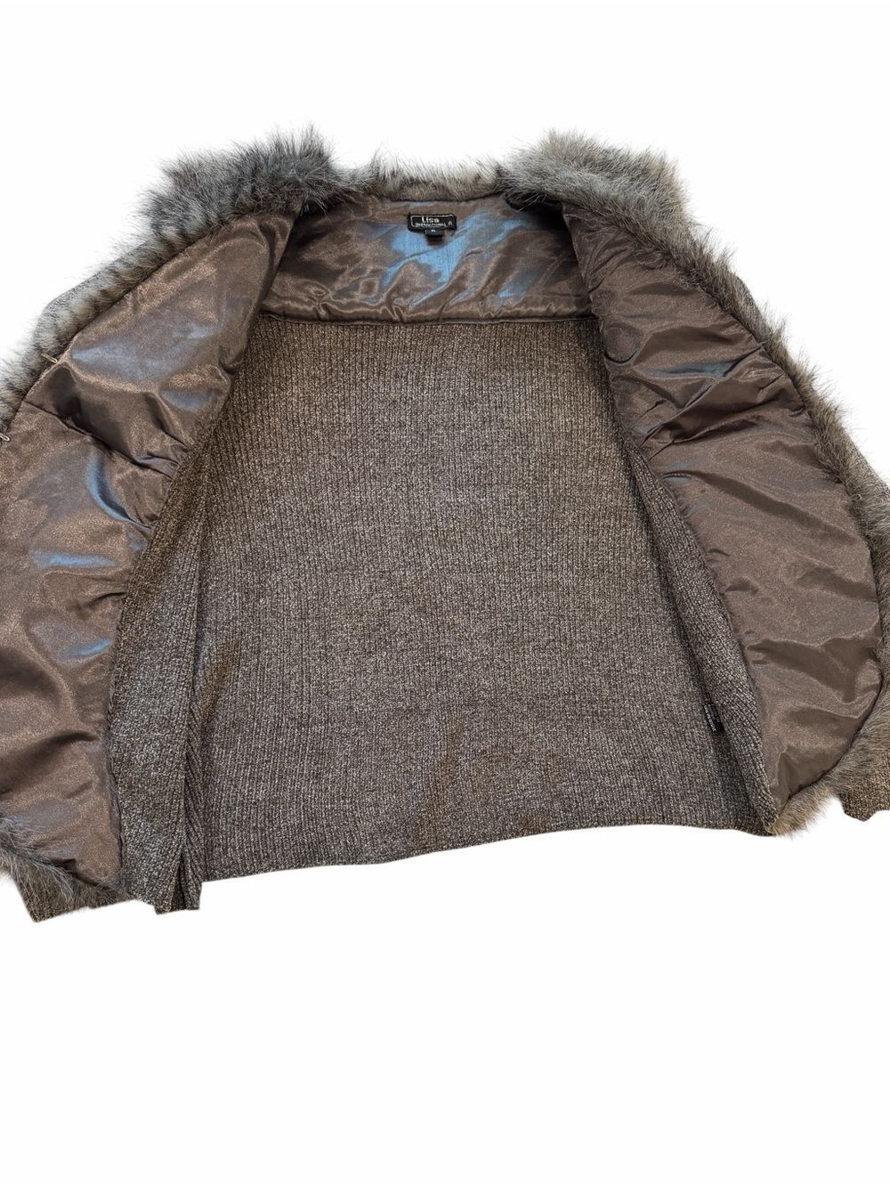 Lisa International Faux Fur Trim Knit Sweater Jacket Y2K Retro Brown Gray XL - Picture 7 of 10